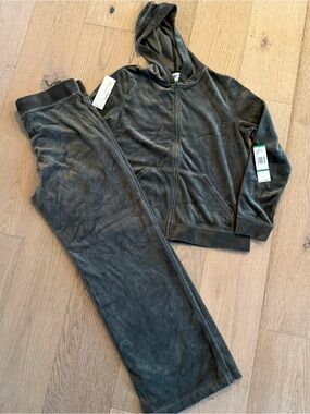 Velour Hooded Jogger 2 Piece Matching Set - Olive Green Size L